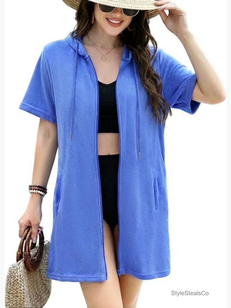 Terry Cloth Hooded Zip Up Swim Cover-Up With Pockets